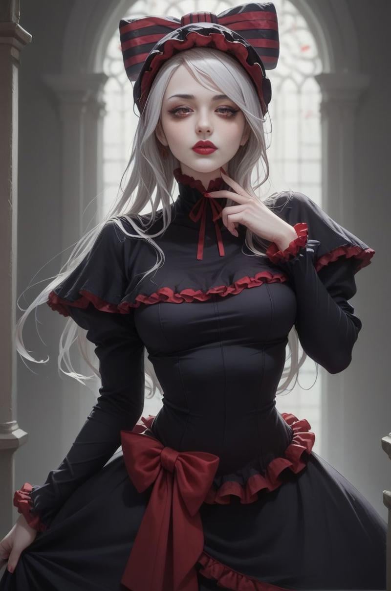 (score_9, score_8_up:1.1), score_7_up, score_6, Overlord western anime style, BREAK (24 year old Shalltear Bloodfallen from overlord), vampire lady, gothic victorian dress, sleek silver hair with bow, red eyes, small ears, lipstick, mascara, (very pale ghostly white skin), eye shadow, stockings,  captivating gaze, looking at viewer, blushing, flushed cheeks, very sexy, slim legs, BREAK  volumetric lighting, cinematic lighting, detailed, shadows,  sinister lighting, dramatic pose, dynamic, small tight butt, detailed face, intricate details, naturalism, hyperdetailed, wide shot dark cinematography, volumetric lighting, source lights,  <lora:Expressive_H:1>,   <lora:Concept Art Ultimatum Style LoRA_Pony XL v6:1> , zPDXL (1), <lora:Shalltear:1>