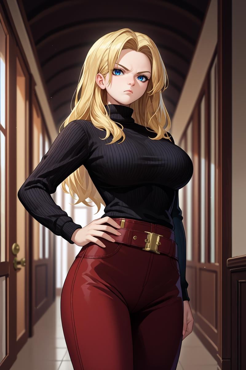 score_9, score_8_up, score_7_up, score_6_up, source_anime, 1girl, solo, <lora:cptmarvel-pdxl-nvwls-v1-000006:1> cptmvl, blonde hair, long hair, blue eyes, large breasts, black sweater, turtleneck, red pants, belt, looking at you, hand on hip, bored, indoors, hallway