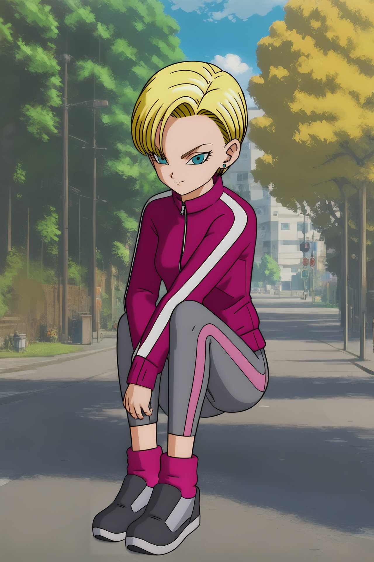 source_anime, score_9, score_8_up, score_7_up, anime screencap, high quality, android 18, dragon ball super super hero, official style, 1girl, solo, looking at viewer, very short hair, fringe trim, blue eyes, blonde hair, jacket, full body, outdoors, sky, sneakers, black footwear, zipper, multi tone footwear, day, socks, pink legwear, tight pants, grey bottomwear, two tone pants, cloud, blue sky, sitting, tree, field, track jacket, pink jacket, grass, two tone jacket, v-shaped eyebrows, stud earrings, eyelashes <lora:c18_pony:0.8>