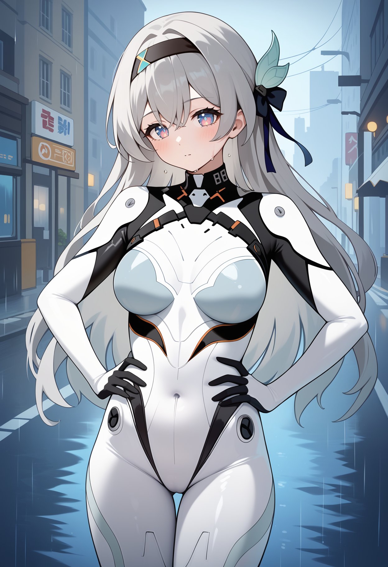 score_9, score_8_up, score_7_up, score_6_up, score_5_up, score_4_up, source_anime, aahotaru, long hair, grey hair, black hairband, hair ornament, hair ribbon, multicolored eyes, breasts, white bodysuit, plugsuit, <lora:hotaru_(firefly)_ponyxl_v1:0.9>, standing, cowboy shot, city, rain, wet, hands on own hips, street, road