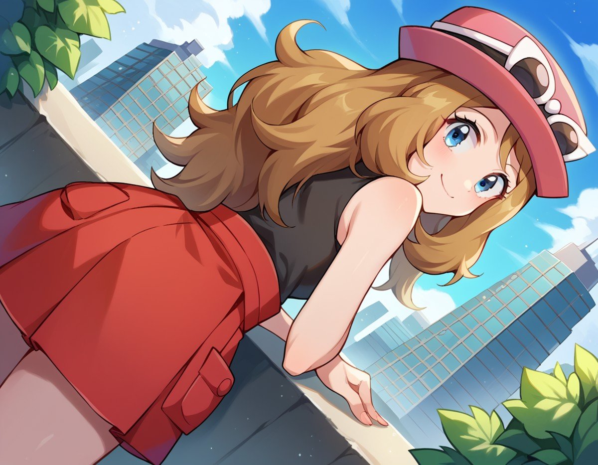 score_9, score_8_up, score_7_up, source_anime,pokemonserena, <lora:pokemon-serena-ponyxl-lora-nochekaiser:1>serena, long hair, blue eyes, brown hair, smile,eyewear on head, hat, skirt, sunglasses, shirt, black shirt, sleeveless, red skirt, pink hat,outdoors, cityscape, bent over,looking at viewer, cowboy shot, dutch angle,