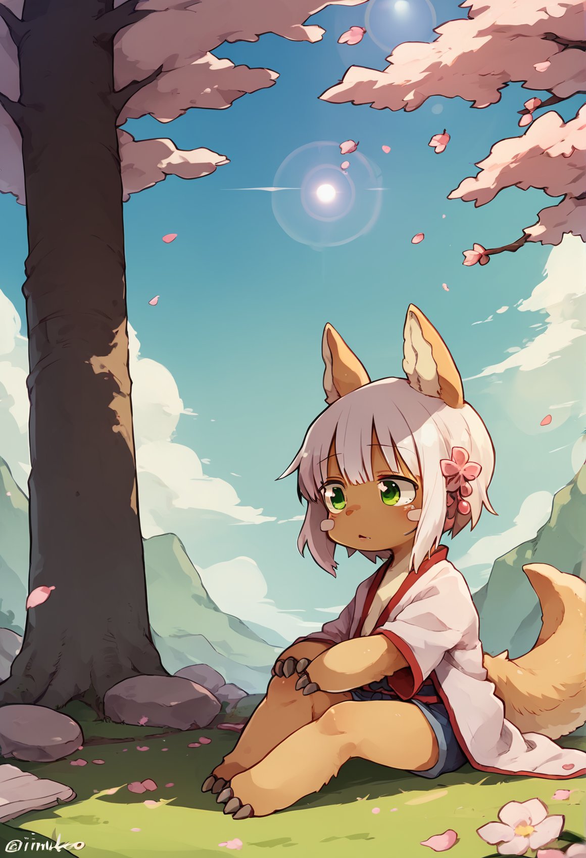 (score_9), score_8_up, score_7_up, zPDXL, nanachi-helmetless, narehate, nanachi \(made in abyss\), green eyes, white hair, sidelocks, short hair, furry, tail, animal ears, white kimono, sitting, cherry blossoms, outdoors, day, sunlight, lens flare, looking away, rimukoro, <lora:Rimukoro_Style_XL_Pony-11:1>