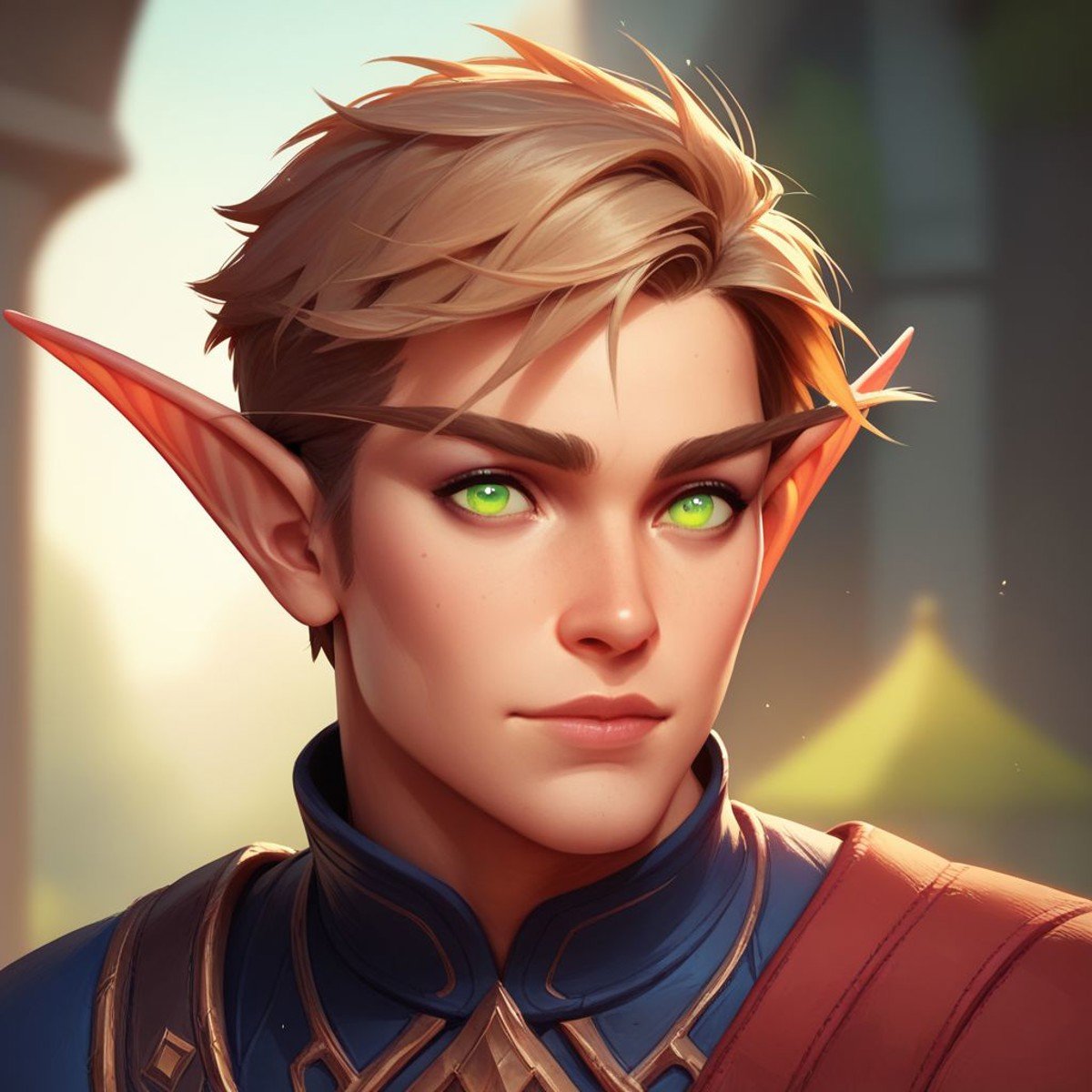 score_9, score_8_up, 8, score_7_up, score_6_up, (dynamic lighting:1.1), ((masterpiece)), solo, portrait, (((beautiful, hyper realistic, high quality))), portrait, score_9, score_8_up, score_7_up, Elf, Pointed ears, Long eyebrows, 1boy, blond short hair, green eyes, Fantasy clothes,fantasy background, blurred background