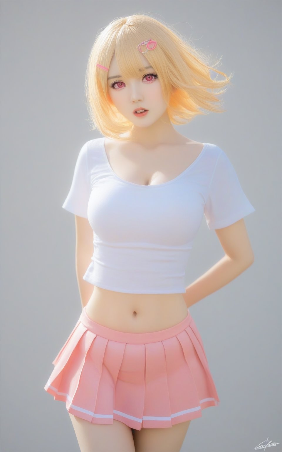 1girl, breasts, solo, skirt, shirt, navel, hair ornament, cleavage, large breasts, open mouth, pink skirt, blonde hair, looking at viewer, hairclip, white shirt, blush, pleated skirt, wind lift, collarbone, short hair, midriff, short sleeves, arms behind back, wind, cowboy shot, miniskirt, standing, pink eyes, bangs, thighs, signature, crop top, red eyes, clothes lift, white background