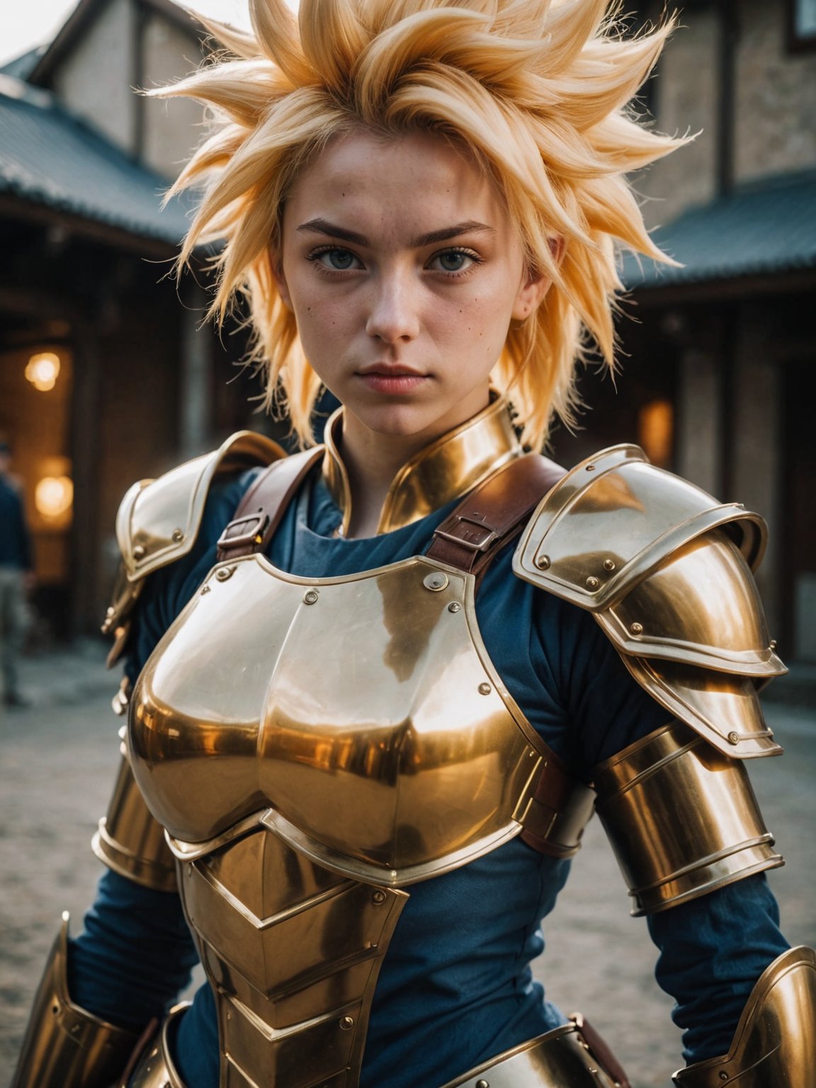 Photo of a girl,cinematic film still,super saiyan, full plate armor, ony fe 12-24mm f/2.8 gm, close up, 32k uhd, light navy and light amber, amazing quality, wallpaper, analog film grain