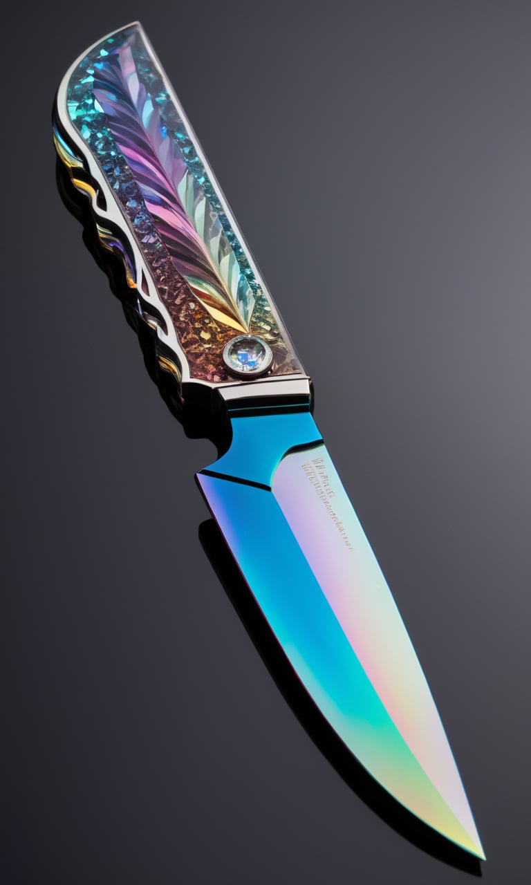 A transparent knife made out of crystal,ultra detailed,enhanced,prismatic colors,