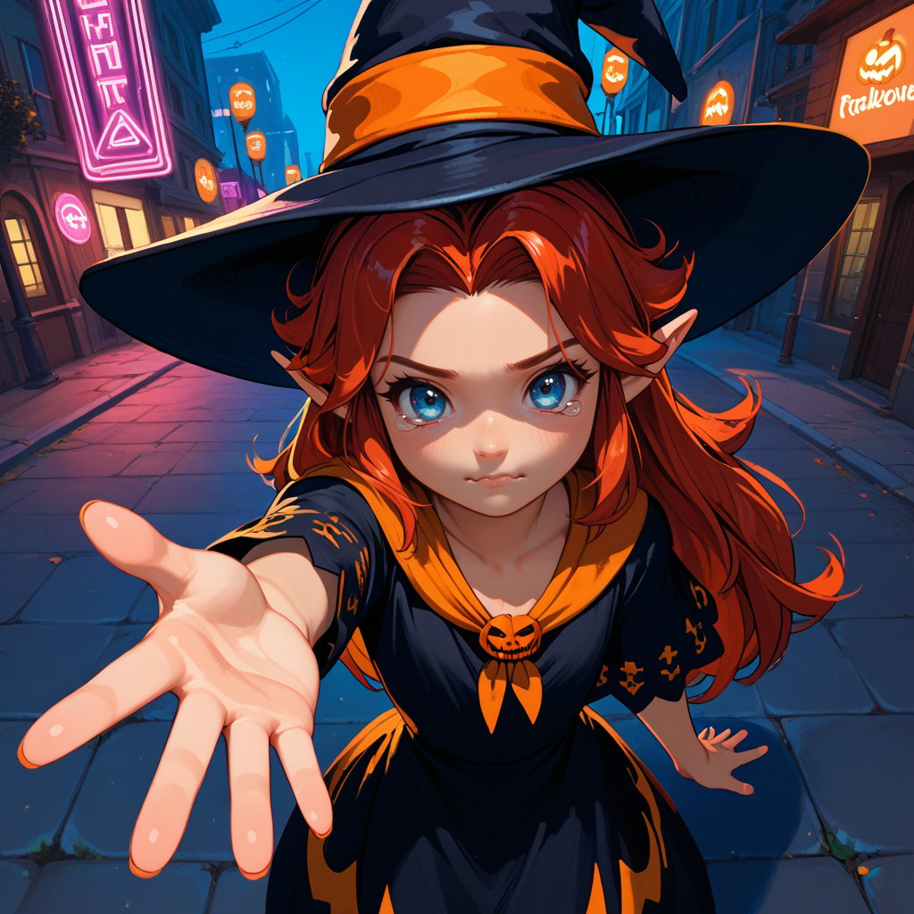 1girl,solo,cmalon,red hair,long hair,parted bangs,blue eyes,pointy ears,<lora:meh:0.8>,flat chest,witch costume,halloween costume,witch hat,outdoors,city,street,neon lights,standing,from above,outstretched hand,open hand,hand on own hip,looking at viewer,wavy mouth,closed mouth,tearing up,<lora:StS_PonyXL_Detail_Slider_v1.4_iteration_3:1.2>,, score_9, score_8_up, score_7_up, perfect anatomy, source_anime, zPDXL2,