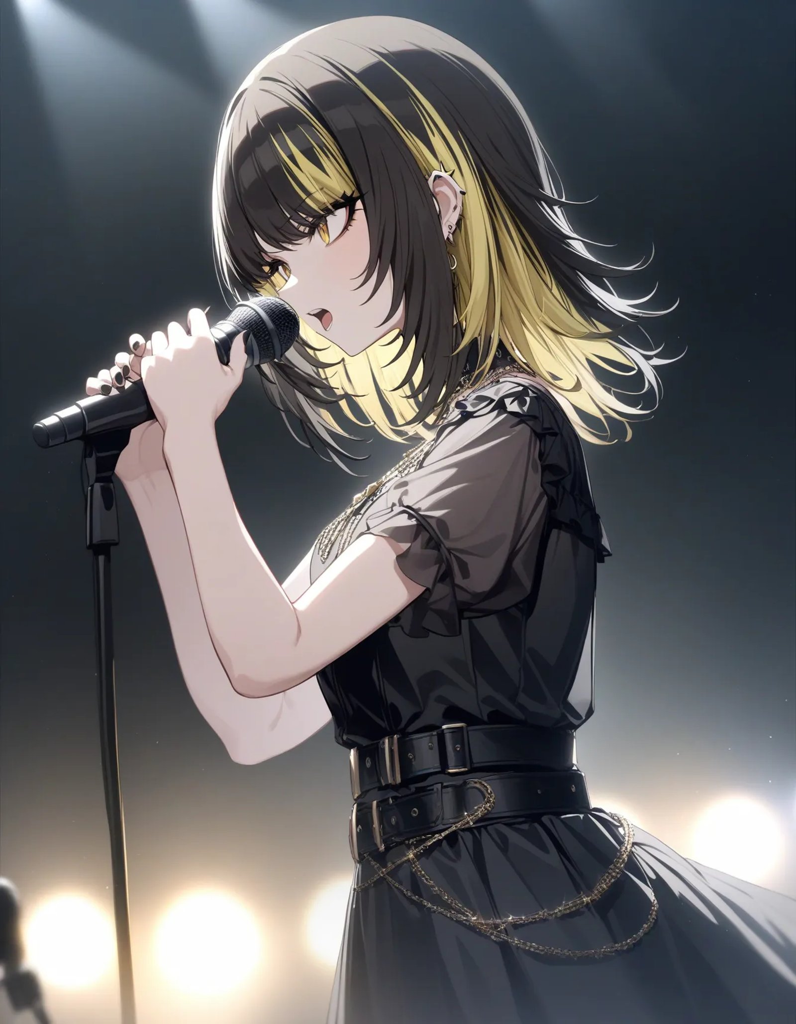 l_ikaruga, 1girl, solo, microphone, blonde hair, jewelry, holding, ear piercing, holding microphone, piercing, dress, multicolored hair, necklace, short sleeves, black hair, music, black dress, yellow eyes, black nails, medium hair, earrings, from side, belt, singingmasterpiece, best quality, very aesthetic, absurdres<lora:a31_l_ikarugaXL:1>