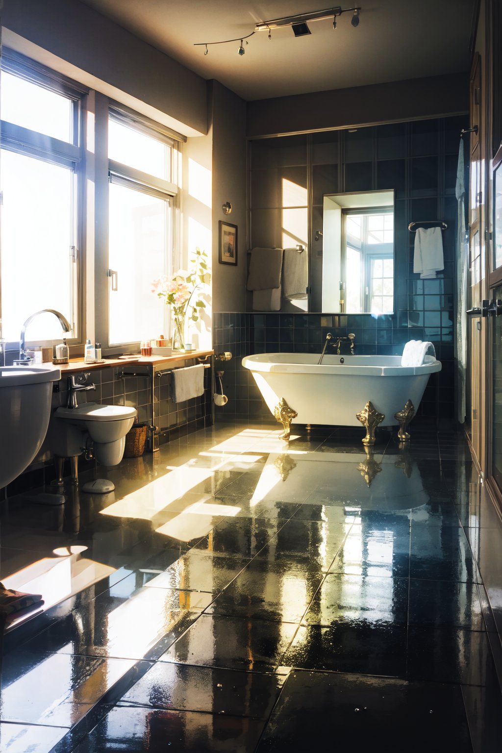 masterpiece,best quality,(ray tracing, reflection light),sunlight,Bathroom, water, painting, cup, toothbrush, toothpaste