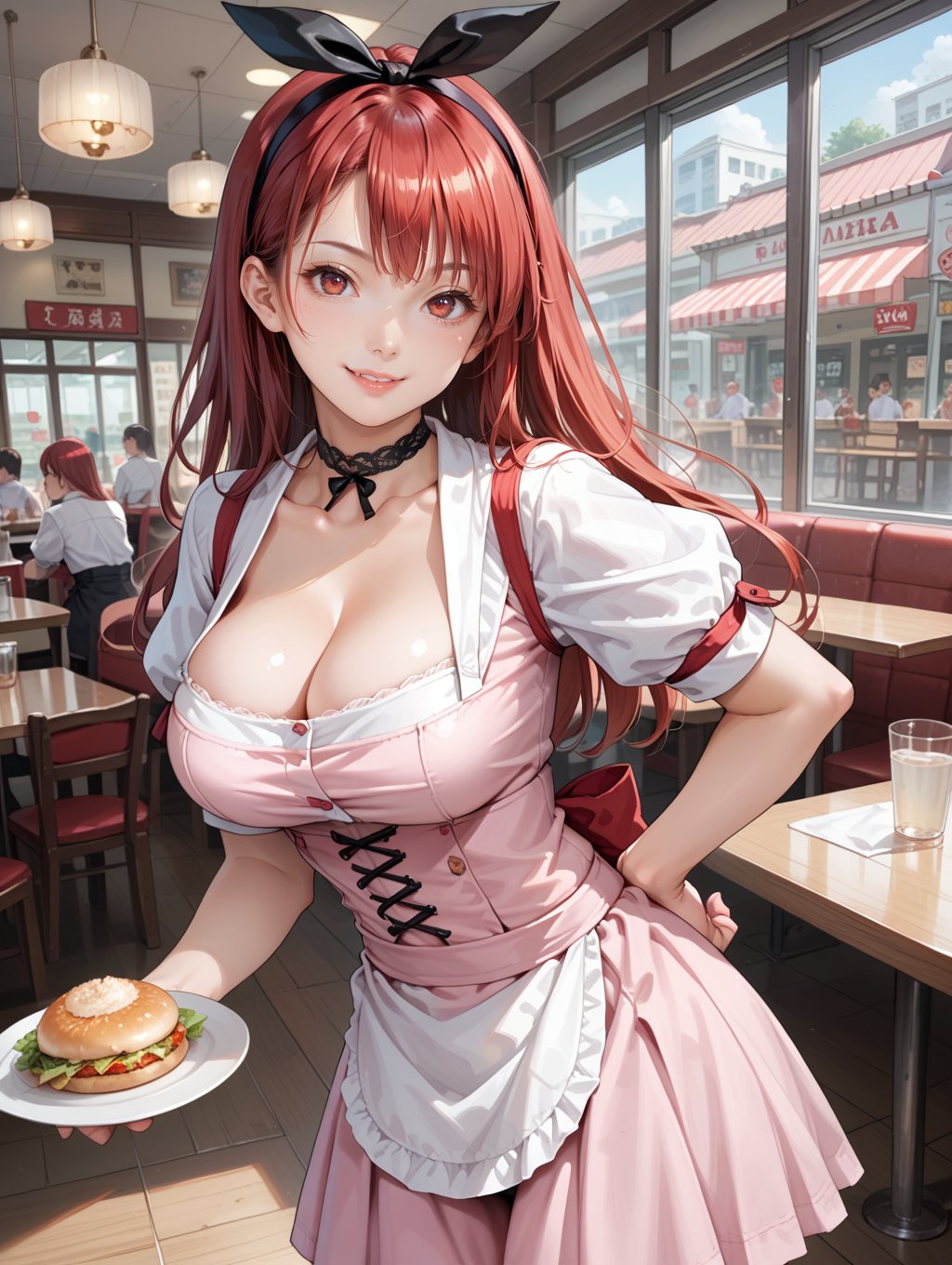 score_9, score_8_up, score_7_up,source_anime,1girl, solo, cowboy shot, large breasts, smile, family restaurant, honjouji_akira, red eyes, red hair, long hair, hair ribbon, hairband, cleavage, choker, waitress, underbust, puffy short sleeves, pink skirt, panties