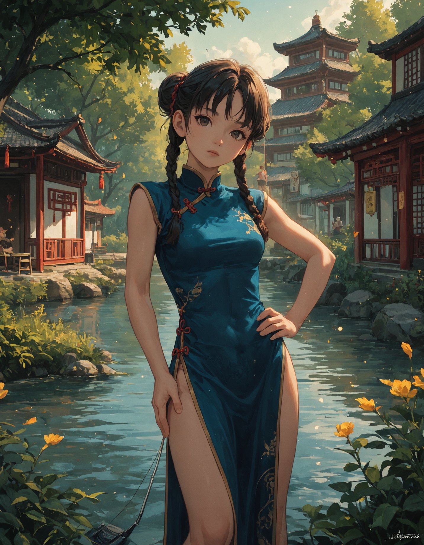 score_9, score_8_up, score_7_up, score_6_up, source_anime, masterpiece, newest,hair, twin braids, china dress, china, outdoors, village, tree, river, pelvic curtain, light particles, sunbeam, hand on own hip, head tilt, lens flare, from side, people fishing on background