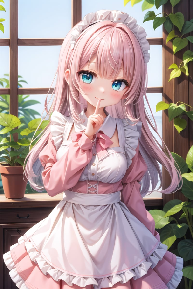 insanely detailed, absurdres, ultra-highres, ultra-detailed, best quality,1girl, solo, nice hands, perfect hands,BREAKapron, blush, bow, bowtie, frilled apron, frills, long sleeves, maid, maid apron, maid headdress, waist apron, white apronBREAKsmile, closed mouthBREAKfinger to mouth, index finger raised, shushing, cowboy shot, looking at viewer,BREAKslender, kawaii, perfect symmetrical face, ultra cute girl, ultra cute face, ultra detailed eyes, ultra detailed hair, ultra cute, ultra beautiful,BREAKday, flower, ivy, leaf, indoors, open door, plant, potted plant, vines, window,BREAKwhite (pink:1.2) hair, green eyes, long hair, medium breasts, bangs, eyebrows visible through hair,