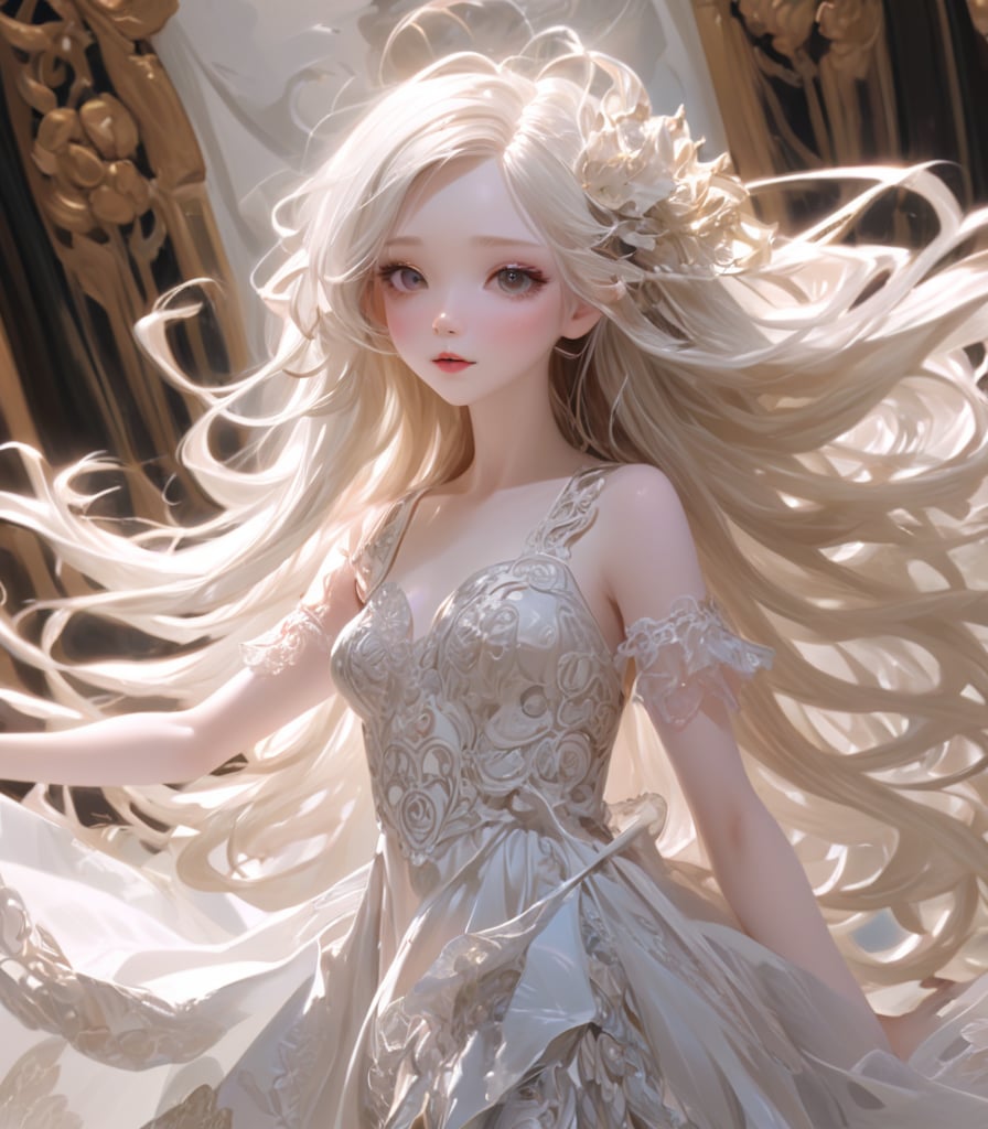 highres,best quality,anime delicate detailed concept art, young girl with [waving long hair] white skin, with dress ornate intricate, (bjd-like beauty face), (Ulzzang Makeup), wide angle, craig mullins, yoji shinkawa, art germ, pete morbacher, david lynch, hyper detailed, high detail, artstation