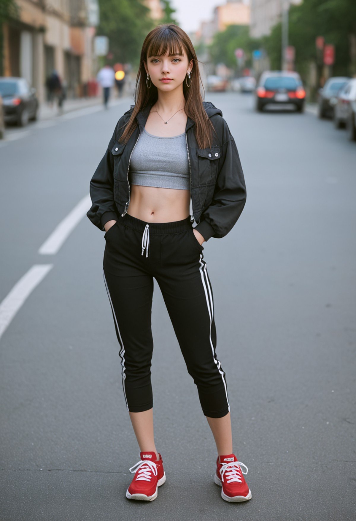 score_9, score_8_up, score_7_up, score_6_up, BREAK , source_real, raw, photo, realistic BREAK 1girl, solo, long hair, looking at viewer, blush, bangs, brown hair, navel, jewelry, closed mouth, standing, jacket, full body, earrings, shoes, shorts, midriff, pants, hood, bag, blurry, crop top, see-through, grey eyes, depth of field, blurry background, red footwear, sneakers, hood up, zipper