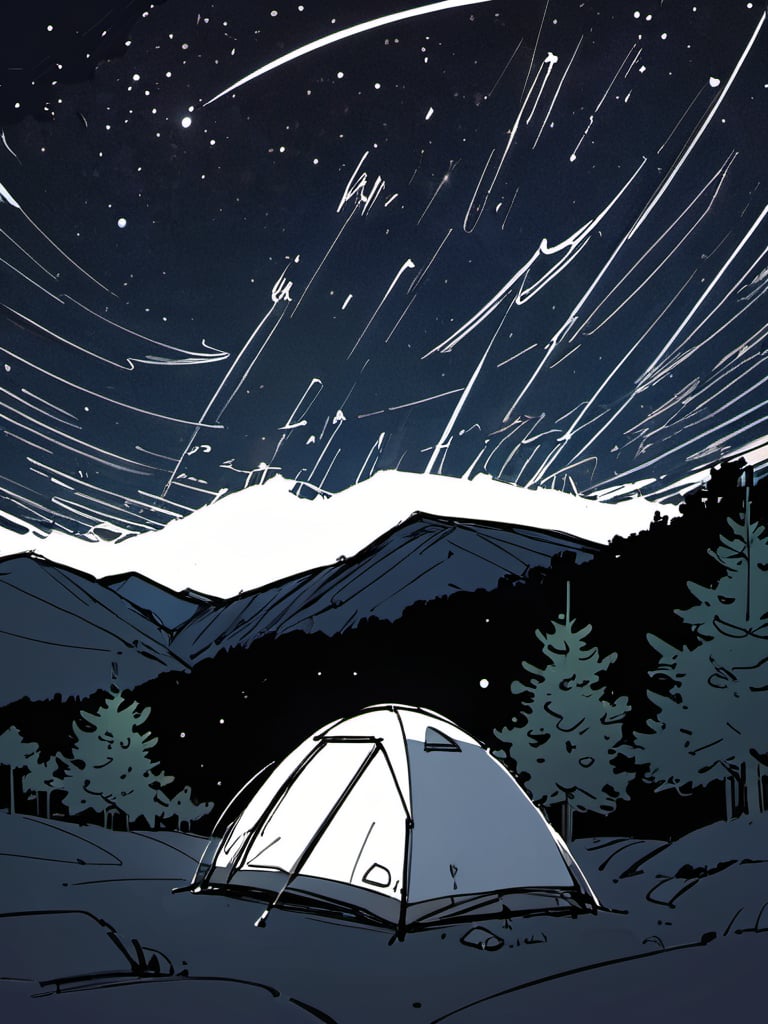 <lora:luXL毛躁手绘Fuzzylines_lora_resized:0.6>, fuzzylines, sketch, view of a camping site on the top of a mountain, under the starry sky, dark night,