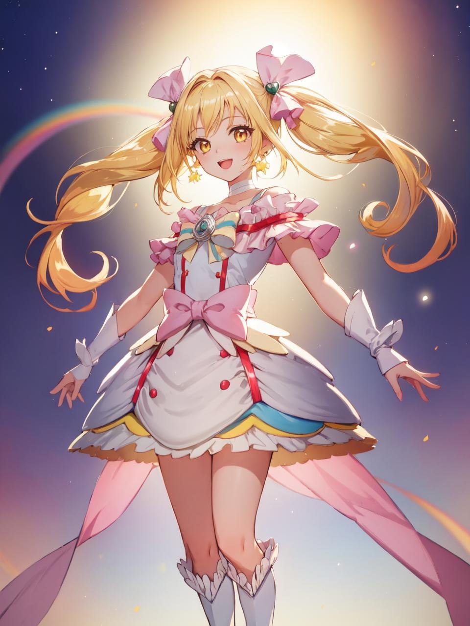 masterpiece, best quality, looking at viewer, depth of field, standing, full body, open mouth,1girl, <lora:locon_cure_echo_01:0.95>, cure echo, blonde hair, twintails, hair ribbon, knee boots, earrings, arm warmers, brooch, choker, yellow eyes, smile, ((gradient background)), lens flare,