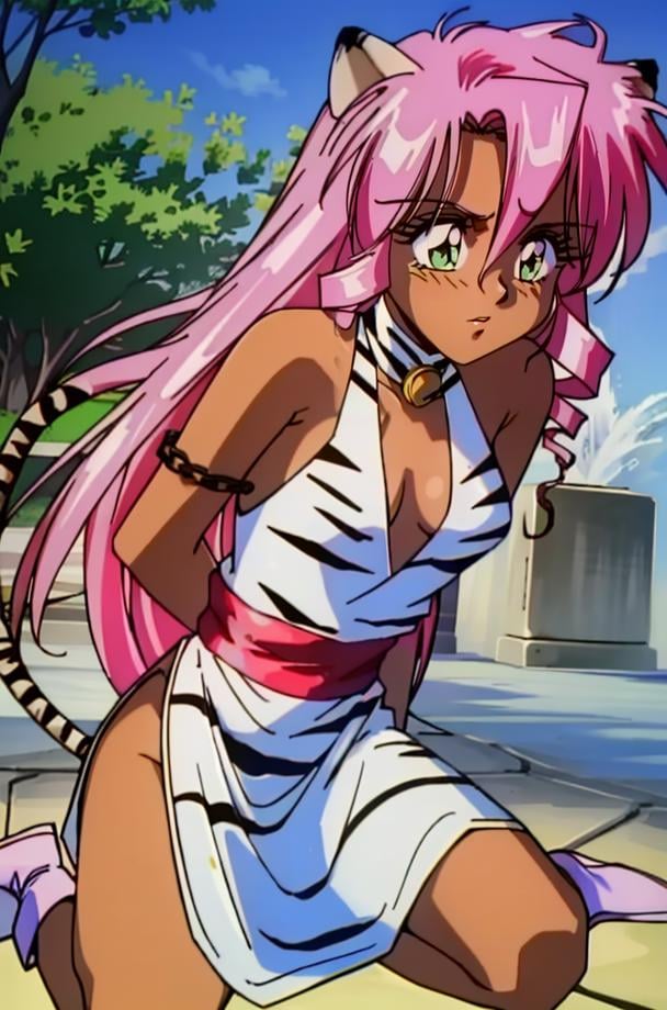 1girl, 90's anime style, PinkCzar, ((white tiger ears), (white tiger tail), long hair, pink hair, drill hair, green eyes, small breasts), (tiger print, slit dress), (full body, outdoors, kneeling, chains, bound wrists, chain collar, chain leash, subtitled, english text, worried), (masterpiece:1.2), hires, (detailed face:1.2), (detailed eyes:1.2), ultra-high resolution, 8K, high quality, (sharp focus:1.2), clean, crisp, cinematic, <lora:Pink-18:1>