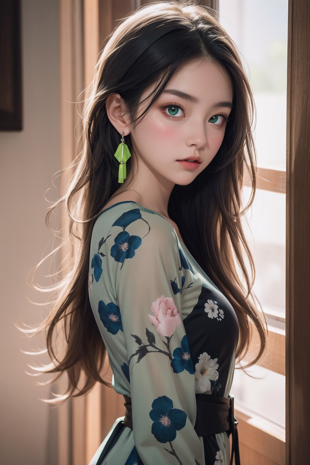 A beautiful girl with off-white long hair, white luminous eyes, green luminous earrings, and a black floral dress with blue and green patterns, masterpiece, studio light, professional, highres, best quality, HDR, shot from the side Light,