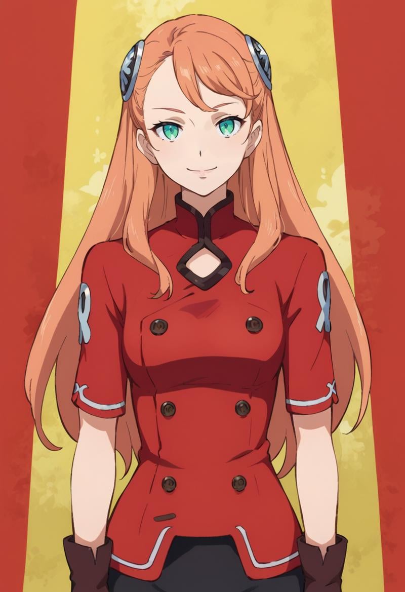 score_9,score_8_up,score_7_up,anime coloring BREAK source_anime,anime,<lora:Aida_Rayhunton:0.8>,aida,1girl,solo,green eyes,hair ornament,orange hair,long hair,red shirt,black pants,gloves,boots,smile,multicolored background,looking at viewer,portrait,upper body,