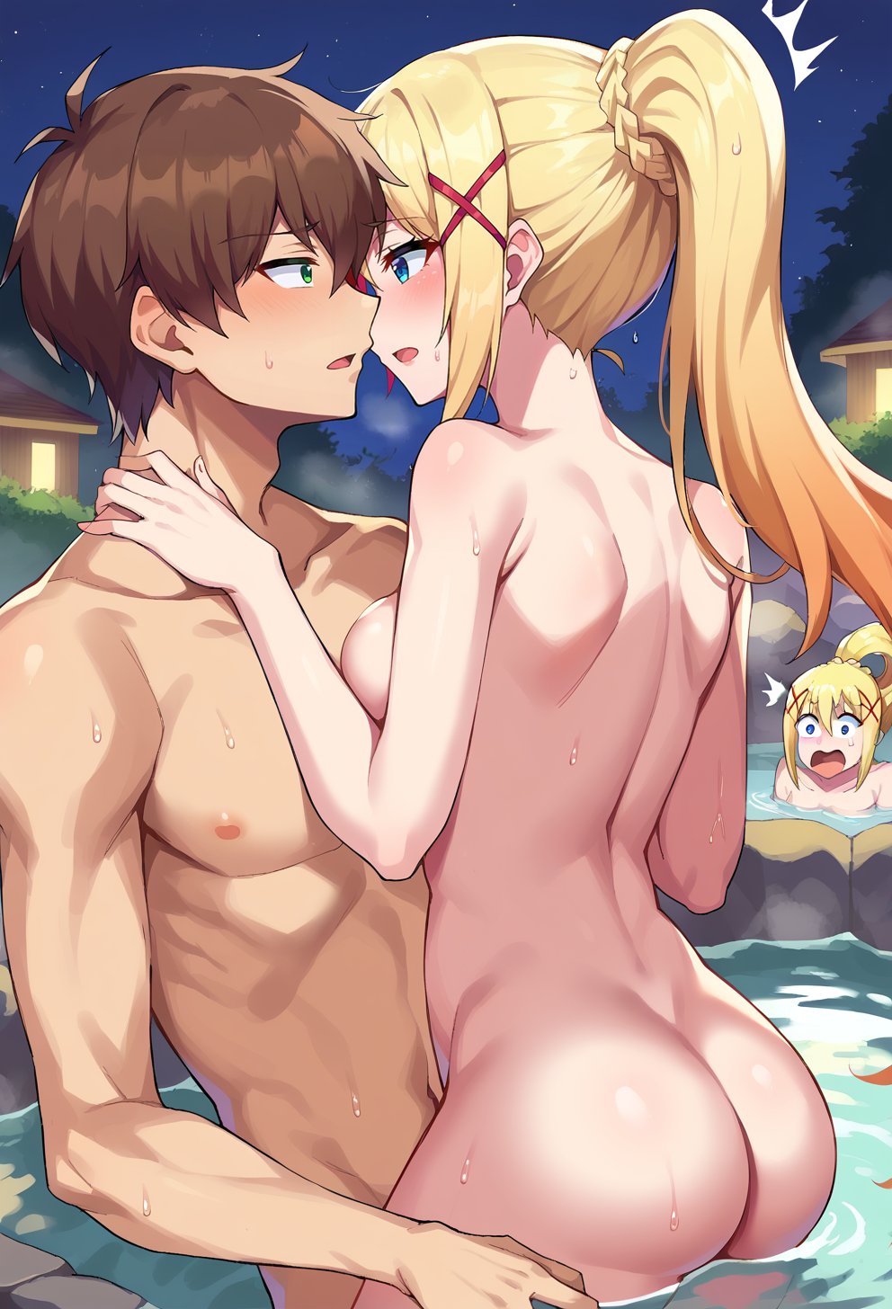 score_9, score_8_up, score_7_up, score_6_up, source anime, BREAK <lora:konosuba_multiple_merge:1> 1girl, 1boy, indoors, onsen, nude, night, moonlight,1girl, 1boy, satou kazuma, brown hair,1girl, 1boy, lalatinapnxl, darkness \(konosuba\), nude, bathing, from behind, looking back, :o, surprised