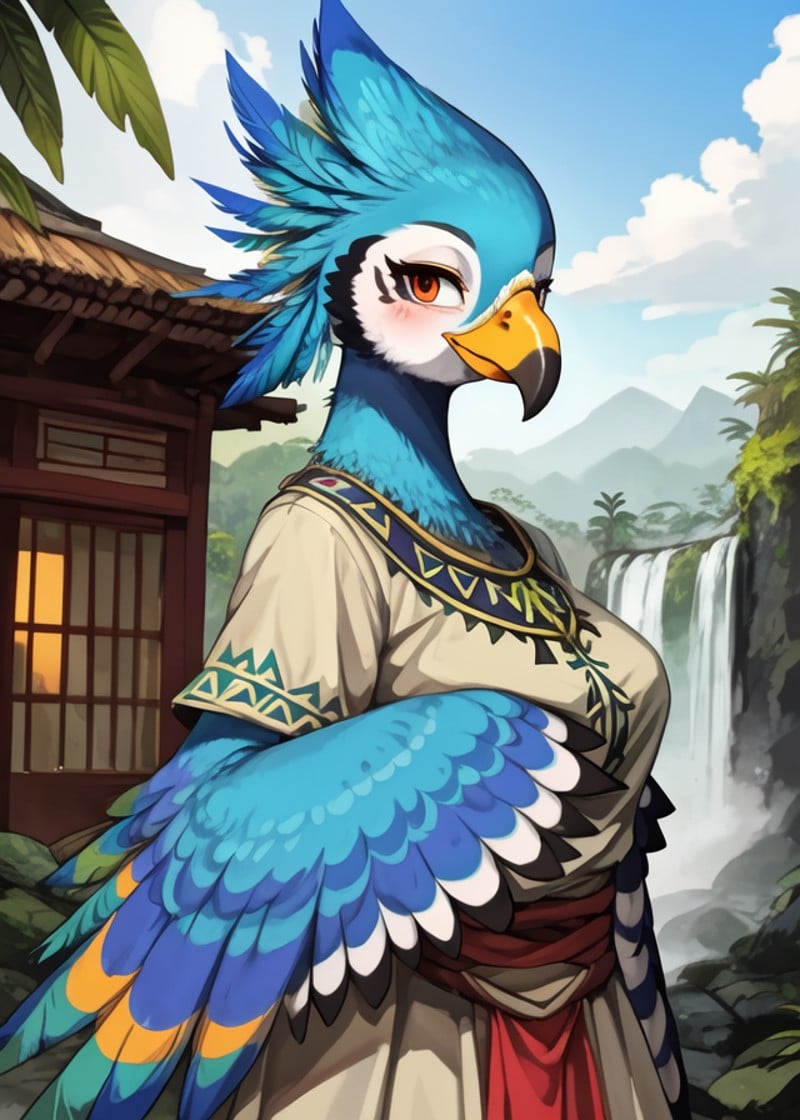 (by Albert Marquet, by Kinokoningen, by Mamimi \(artist\), by Yellowroom), antrho female (rito, peafowl:1.3), (blue feathers), beak, winged arms, hands on thighs, looking at viewer, three-quarter view, half-length portrait, (the legend of zelda, blue tribal clothing:1.25), BREAK, colorful jungle, waterfall, japaness town, wooden house, foggy, sky, cloud, detailed background, foreground, depth of field, ambient silhouette, masterpiece, best quality, light, 4k, 2k, photography