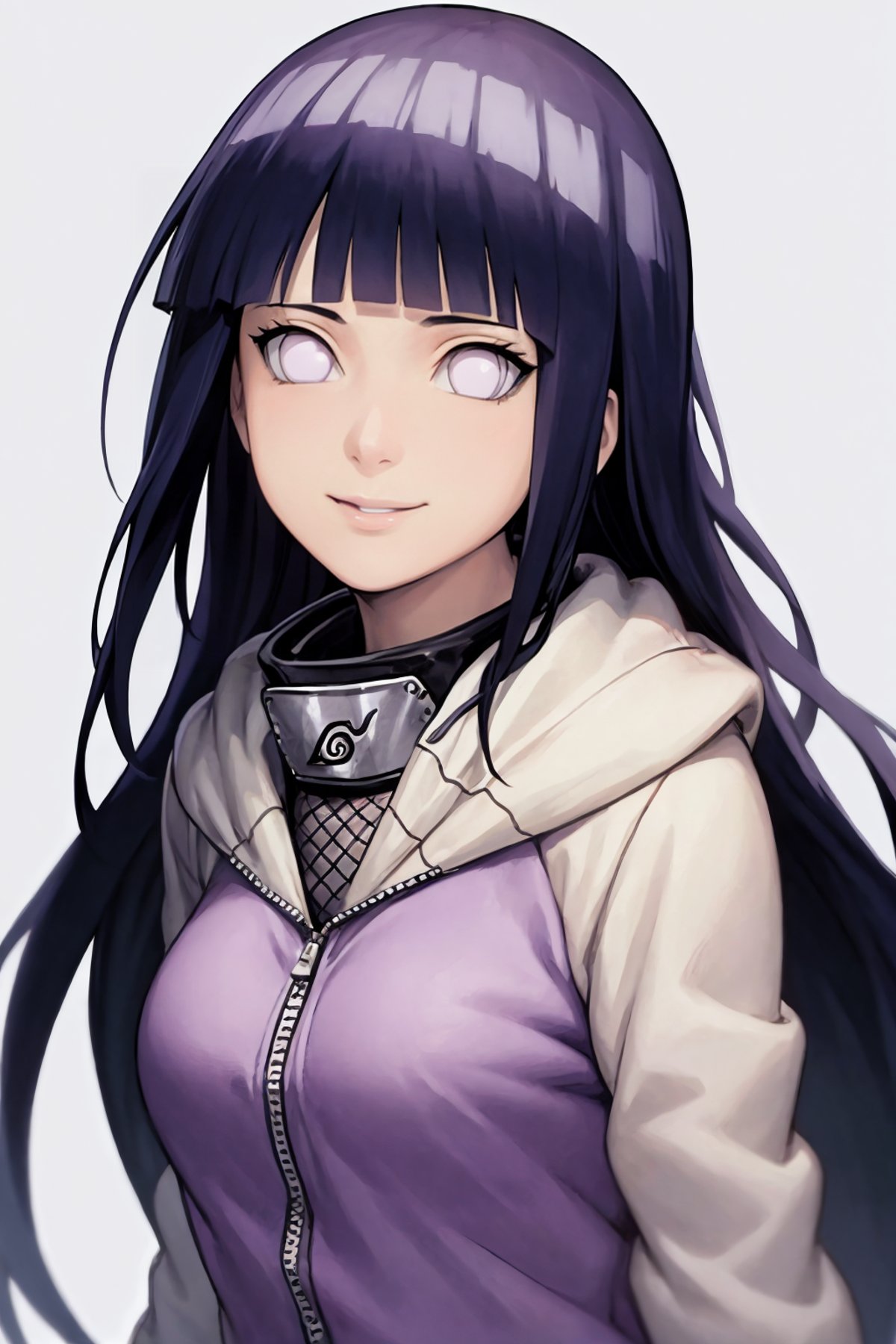 masterpiece, best quality,1girl, hinata_shippu, long hair, two-tone jacket, white eyes, no pupils, hood down, konohagakure symbol, forehead protector,smile, upper body, solo, looking at viewer, simple background    <lora:Hinata:1>