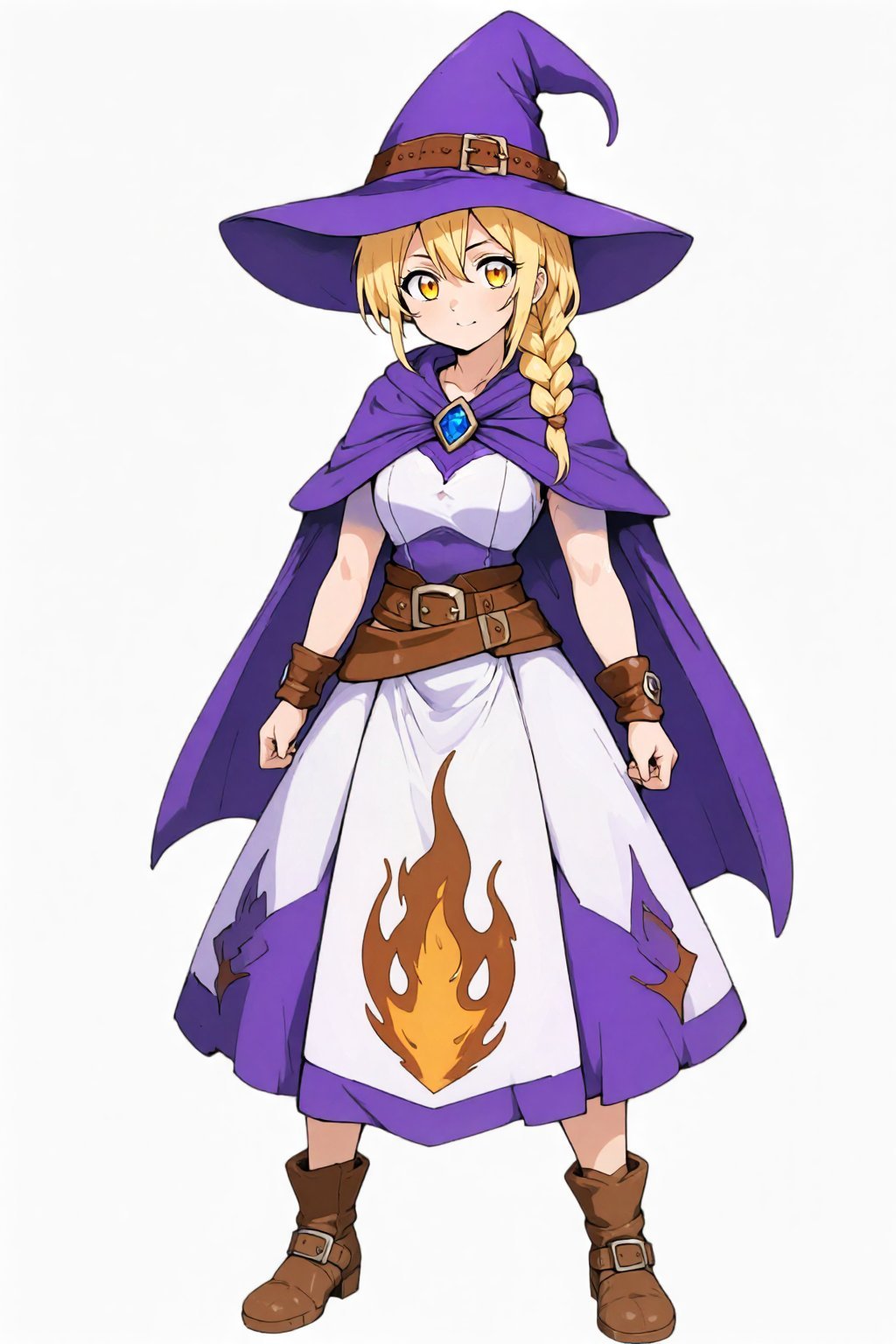 a young blonde witch standing confidently against a plain white background. She has large amber eyes and wears her long ha...