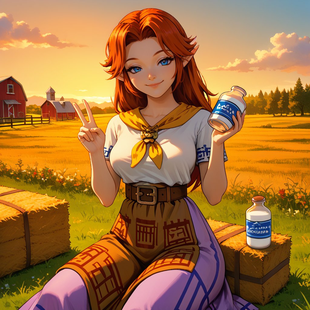 1girl,solo,ccremia,red hair,long hair,parted bangs,blue eyes,pointy ears,yellow neckerchief,brooch,plain shirt,short sleeves,blue trim,brown belt,belt buckle,brown waist apron,purple skirt,long skirt,fingernails,large breasts,<lora:meh:1>,outdoors,farm,grass,hay bale,fence,grass field,dusk,milk bottle,sunset,sitting,on hay bale,cowboy shot,looking at viewer,happy,smile,bedroom eyes,closed mouth,hands up,holding bottle,v,<lora:pony_good_hands:1>,good_hands,<lora:StS_PonyXL_Detail_Slider_v1.4_iteration_3:1.2>,, score_9, score_8_up, score_7_up, perfect anatomy, source_anime, zPDXL2,