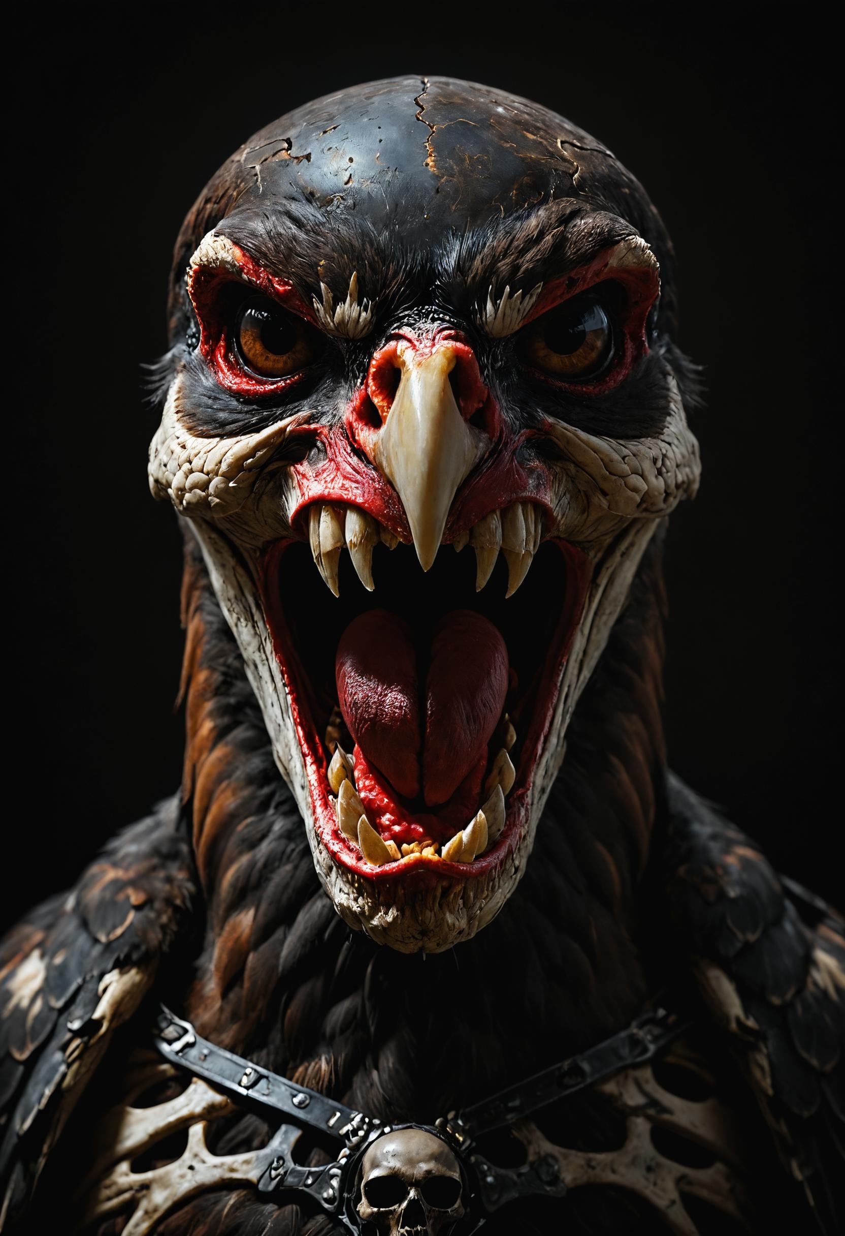 red hawk on top of a skull, gangster hawk, serious eyes, grim theme, boring ape theme, simple, minimalistic, black background, showing his teeth, <lora:add-detail-xl:1>, <lora:zavy-cntrst-sdxl:1>