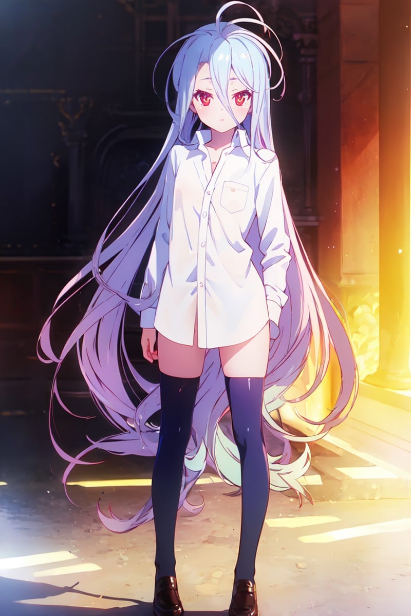 masterpiece, best quality, ultra-detailed, glistening shiny, glowing light, ray tracing, HDR, deph of field, (perfect face, detailed face), <lora:NgnlShiro:0.7>,  1girl, solo, ngnlshiro, very long hair, messy hair, flat chest, dress shirt, thighhighs, standing