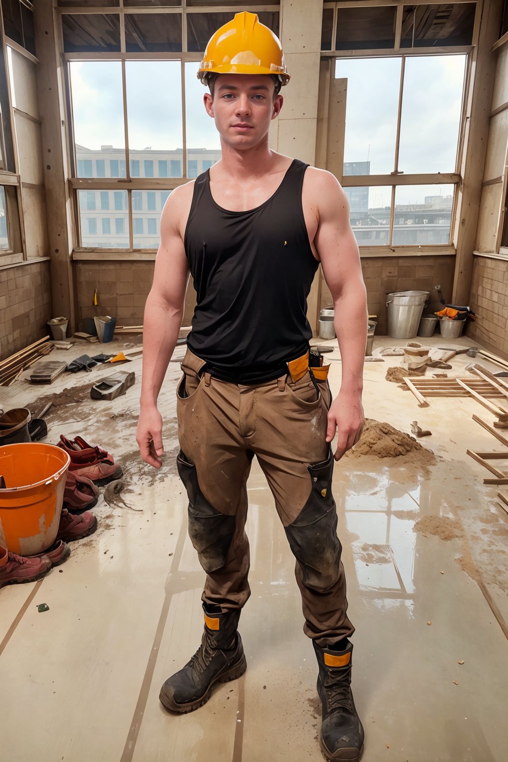 standing inside building under construction,  TomSutcliffe is a construction worker,  wearing sweaty tank top by txhorn75...