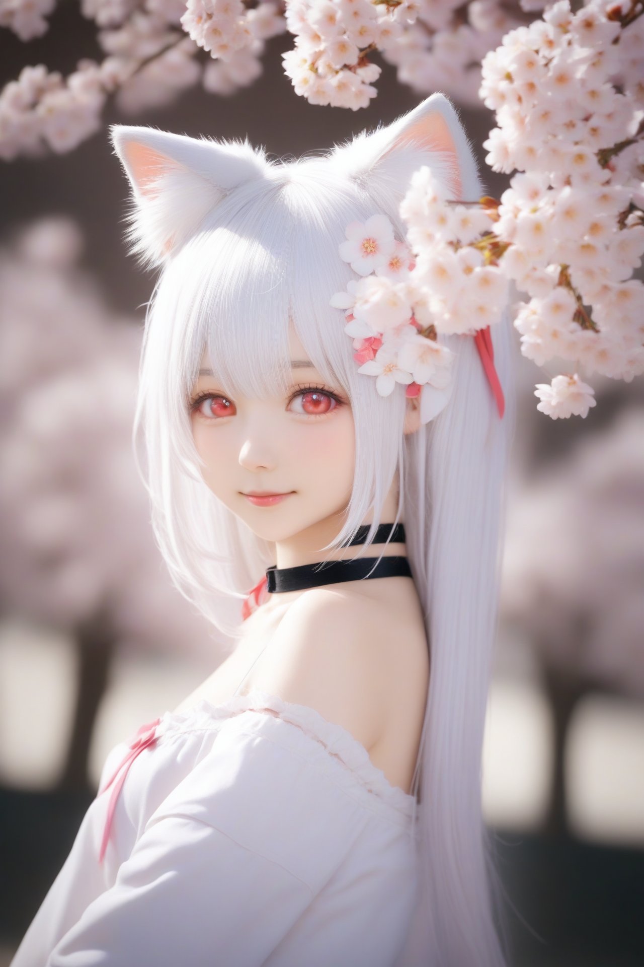 1girl, solo, animal ears, hair flower, hair ornament, flower, looking at viewer, blurry, bangs, white hair, pink flower, cherry blossoms, animal ear fluff, long hair, blush, long sleeves, virtual youtuber, depth of field, hair between eyes, closed mouth, smile, branch, upper body, choker, blurry background, blurry foreground, bare shoulders, red eyes, cat ears, hand up, off shoulder, ribbon, collarbone, hair ribbon, outdoors, black choker, white flower