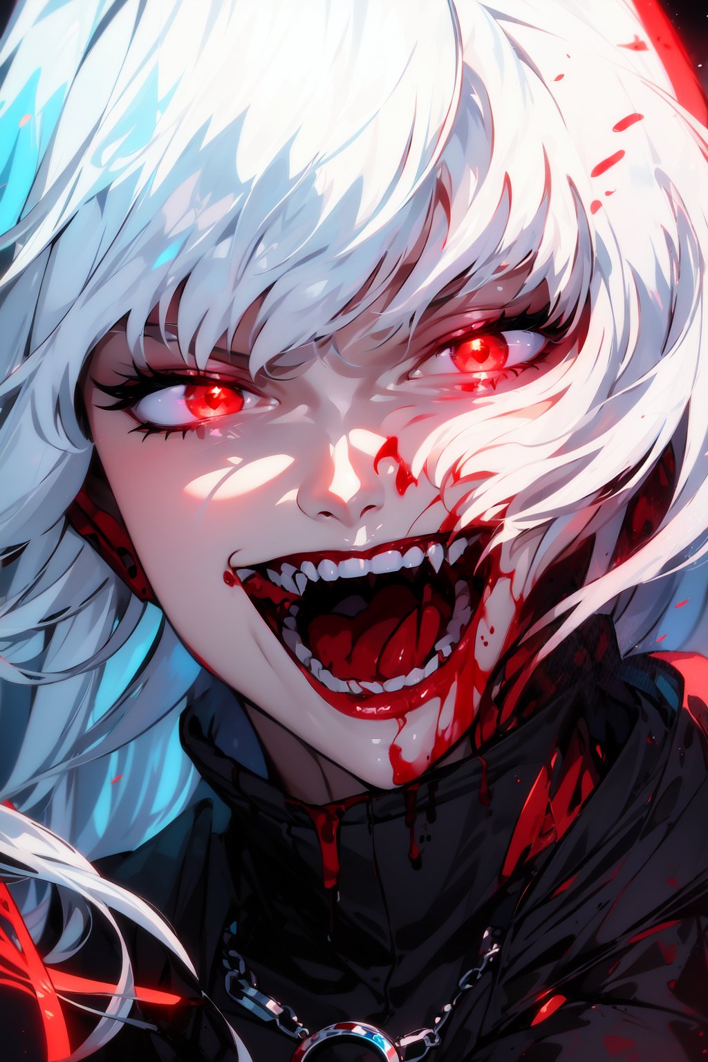 bznoir, 1girl, solo, long hair, looking at viewer, smile, open mouth, bangs, red eyes, 1boy, jewelry, white hair, male focus, teeth, blood, glowing, fangs, glowing eyes, blood on face<lora:EMS-323506-EMS:1.300000>