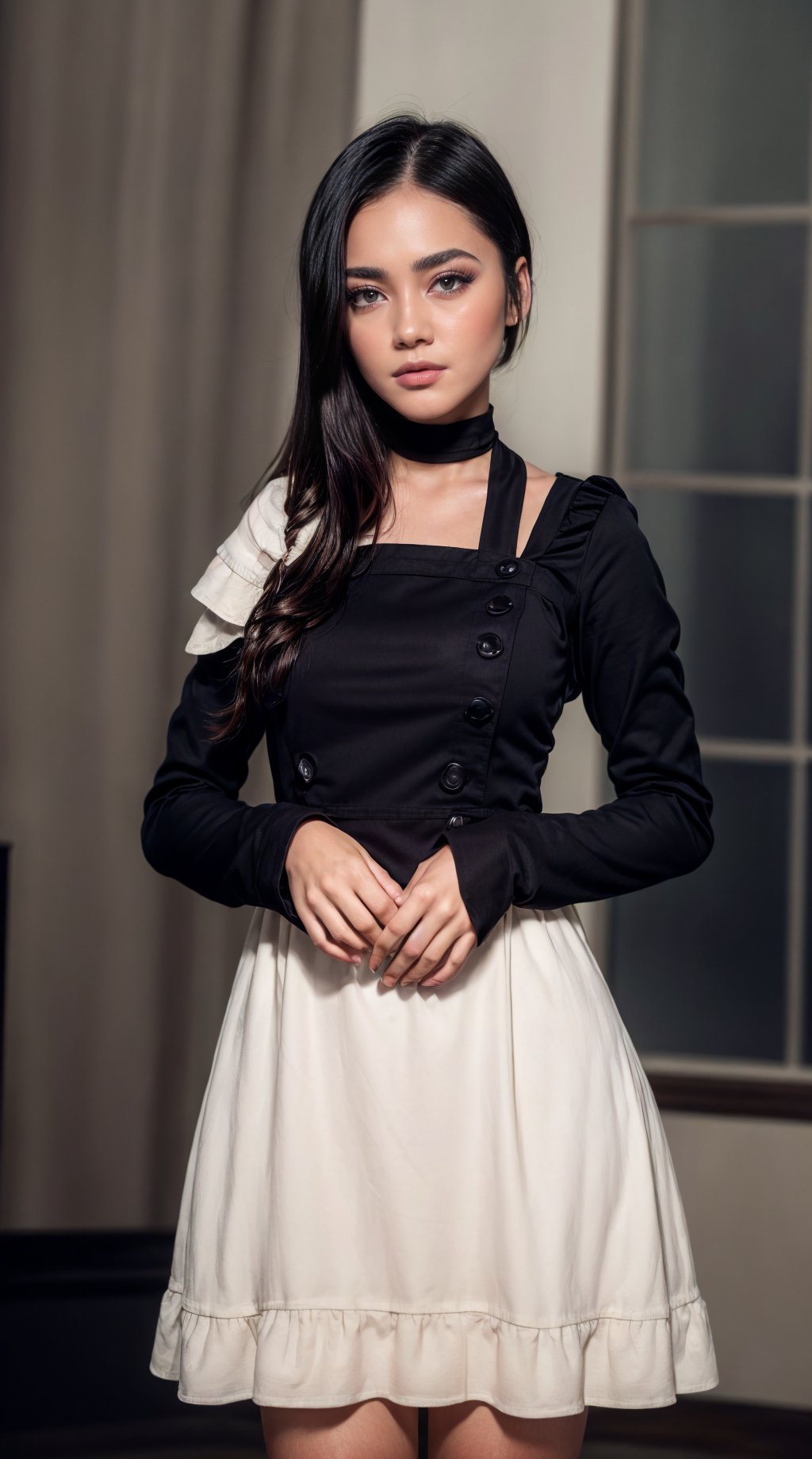 ((masterpiece, best quality, absurdres, highres, high quality, 8k raw)), 1girl, blushed, (brown hair), perky,medium breasts, (hi-top fade:1.3), ((wearing a Milkmaid dress:1.4)), ((dark theme:1.5)), night, fog, (natural skin texture, hyperrealism, soft light, sharp), artistic photoshoot, , <lora:xsarchitectural-6:0.5>  <lora:add_detail:1>