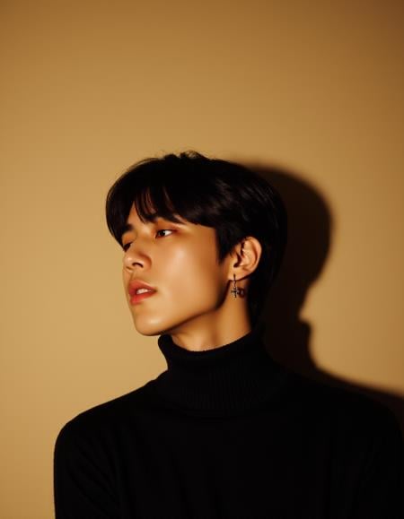 old analog photography,<lora:fluxboys.2:0.6>,dramatic lighting with beige background, young asian boy,side view of short wavy hair asian boy wearing small cross earring ,he is looking side seductively with his eyes half closed,he is wearing a black turtleneck sweater