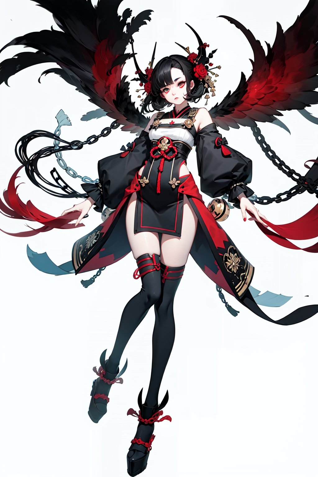 masterpiece,high quality,(white background:2),<lora:chardesign:1:1,1,1,1,0,0,0,0,1,1,1,1,1,1,1,1,1>,character_design,1girl,solo,thighhighs,red eyes,black hair,black thighhighs,full body, 