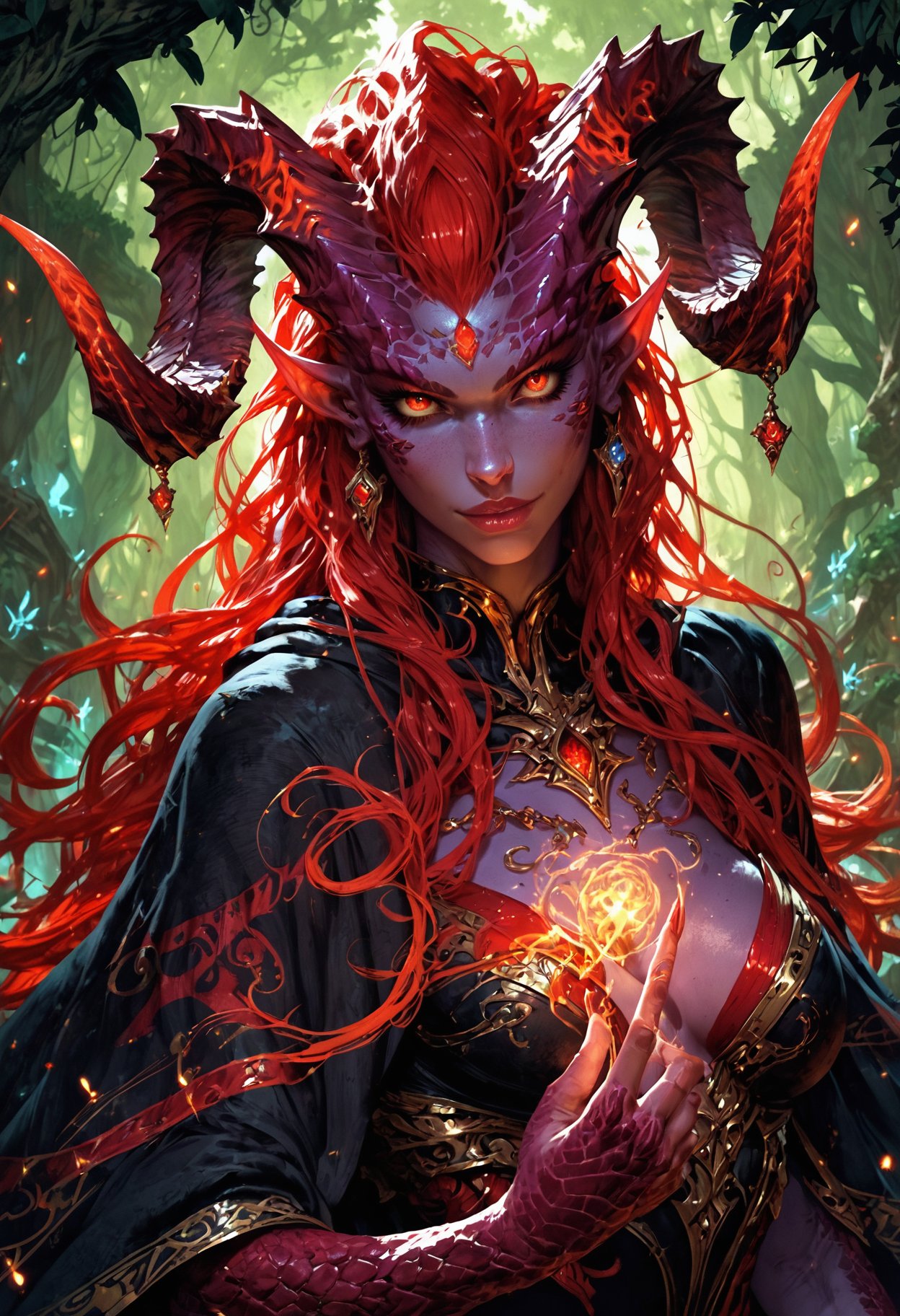 (score_9, score_8_up), score_7_up, zPDXL, solo,  <lora:MythP0rtr4itStyle:1>, mythp0rt, monster girl, very beautiful, wizard, black robe, red trim, long hair, horns, scales, blue and purple gradient skin, magic on finger, in the forest, fantasy, solo focus,epic, concept art, realistic, highly detailed, upper body, looking at viewer