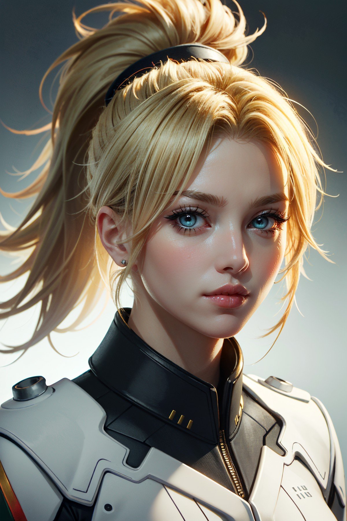 ((ultra detailed, masterpiece, absurdres))<lora:OMercy:0.8>OMercy, 1girl, blonde hair, ponytail, looking at viewer, portrait, simple background