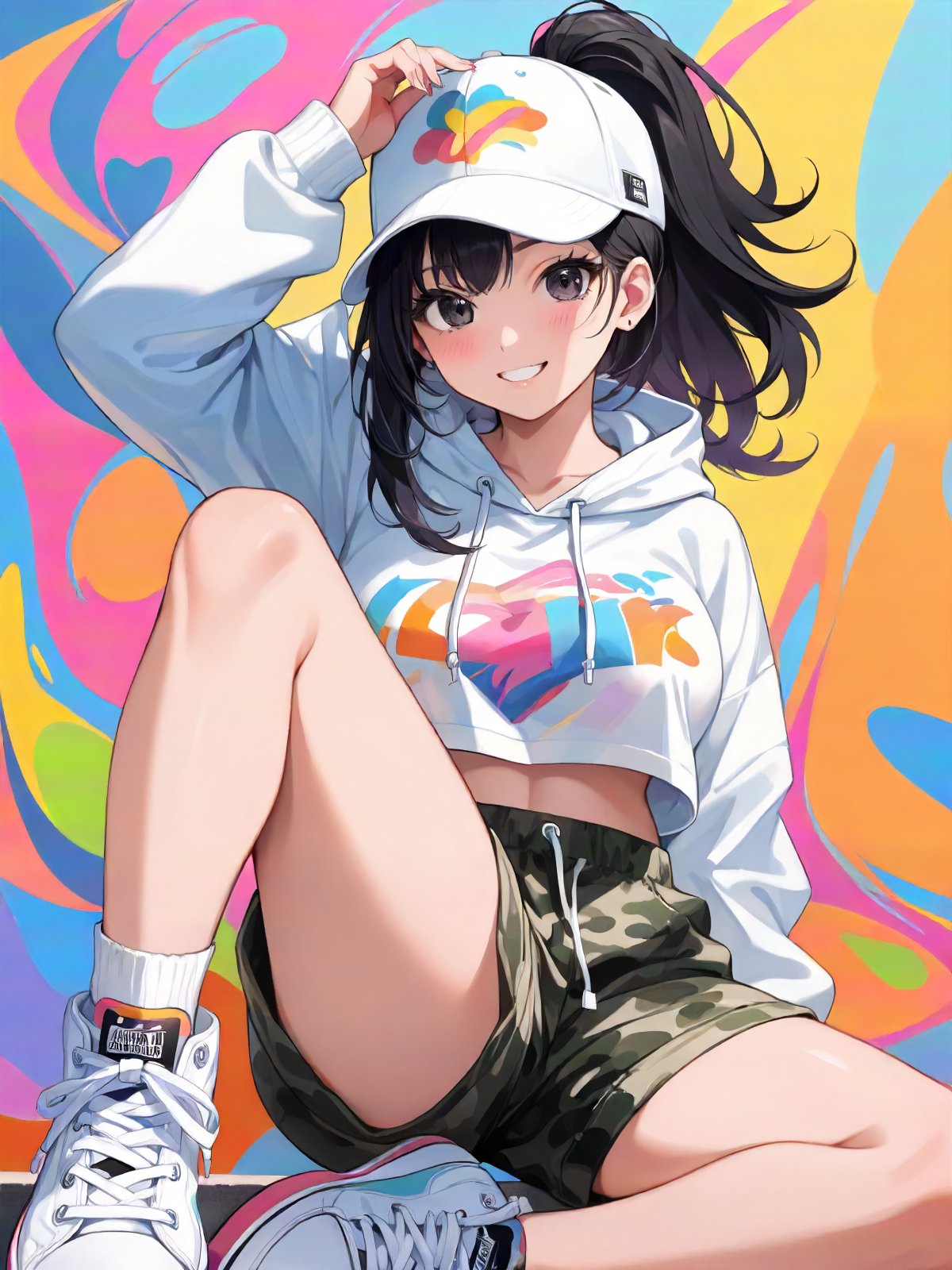 masterpiece, beautiful and aesthetic, ultra detail, perfect lighting, abstract, absurdres, simple background, (craftsmanlike illustration), Girl, Childish face, beautiful face and eyes, big breasts, black hair, clear black eyes, single short ponytail hair, cute and lovely, Vibrant and cheerful personality, wavy mouth, Hoodie with camo shorts, High-top sneakers, Snapback cap, Fingerless gloves,  cinematic angle , close to viewer,