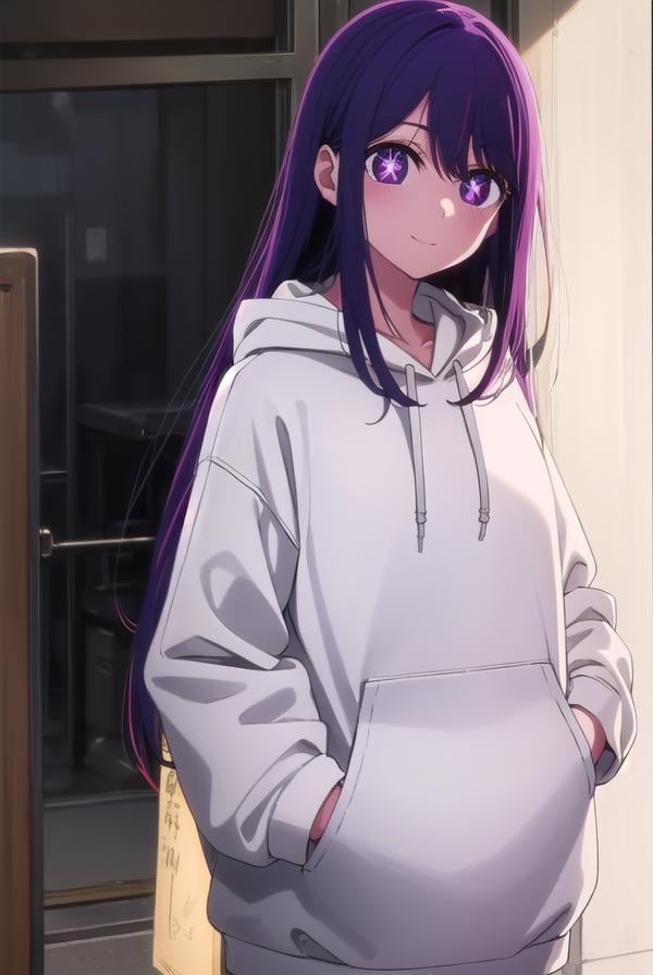 aihoshino, <lora:ai hoshino s1-lora-nochekaiser:1>,ai hoshino, long hair, bangs, (purple eyes:1.1), purple hair, (symbol-shaped pupils:1.5), smile,BREAK hood, hoodie, hood down, long sleeves, white hoodie, hat, baseball cap,BREAK indoors, concert, stage,BREAK looking at viewer, (cowboy shot:1.5),BREAK <lyco:GoodHands-beta2:1>, (masterpiece:1.2), best quality, high resolution, unity 8k wallpaper, (illustration:0.8), (beautiful detailed eyes:1.6), extremely detailed face, perfect lighting, extremely detailed CG, (perfect hands, perfect anatomy),