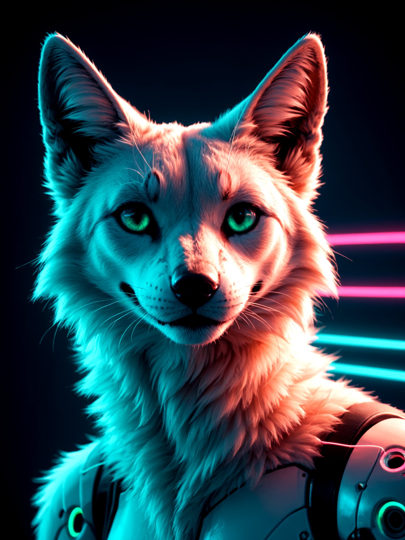 score_9, score_8_up, score_7_updigital neon green and white fox, retrowave palette, digital world, highly detailed, electric breeze, anatomically correct vulpine, synth feel, fluffy face, ear floof, flowing fur, super realism, accurate animal imagery, 4 k digital art