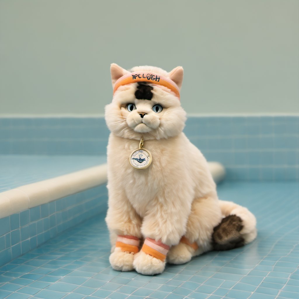 A pluche dolly cat (walking:1.6) along a swimming <lora:BTC_poolbar set2-000001:1>