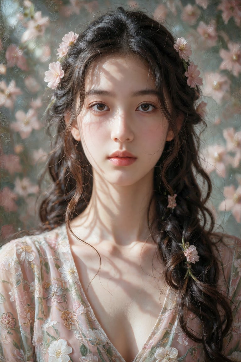 A portrait of a young East Asian woman with a slim,  graceful build,  centered in the frame and facing the viewer directly...