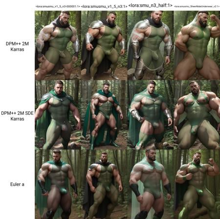 <lora:smusmu_v1_5_n3-000001:1>, smusmu, muscular man, bodybuilder, 1boy, male focus, full body, beard, wearing knight metal armor, wearing green shear mesh transparent see-through bodysuit underwear, wearing cape, forest background,