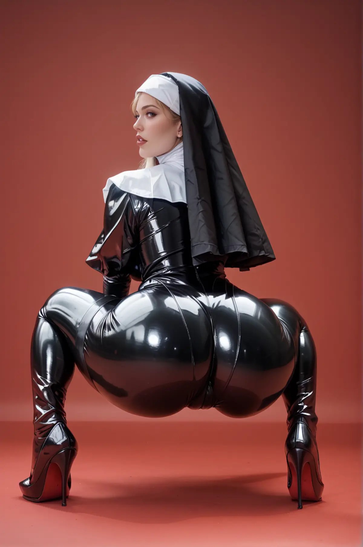 score_9,score_8_up,score_7_up,red background,1girl,solo,from behind,squatting cowgirl position,spread legs,full body,huge ass,<lora:lemon0033-Latex Nun Black_pony_v1:0.9>,latex bodysuit,nun,high heels,