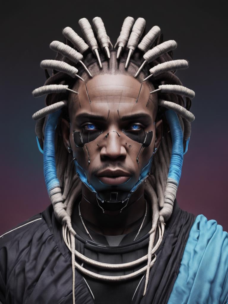 solo, looking_at_viewer, blue_eyes, 1boy, closed_mouth, upper_body, male_focus, artist_name, dark_skin, gradient, gradient_background, black_background, portrait, straight-on, very_dark_skin, dreadlocks , <lora:Digital_Madness:0.75> 