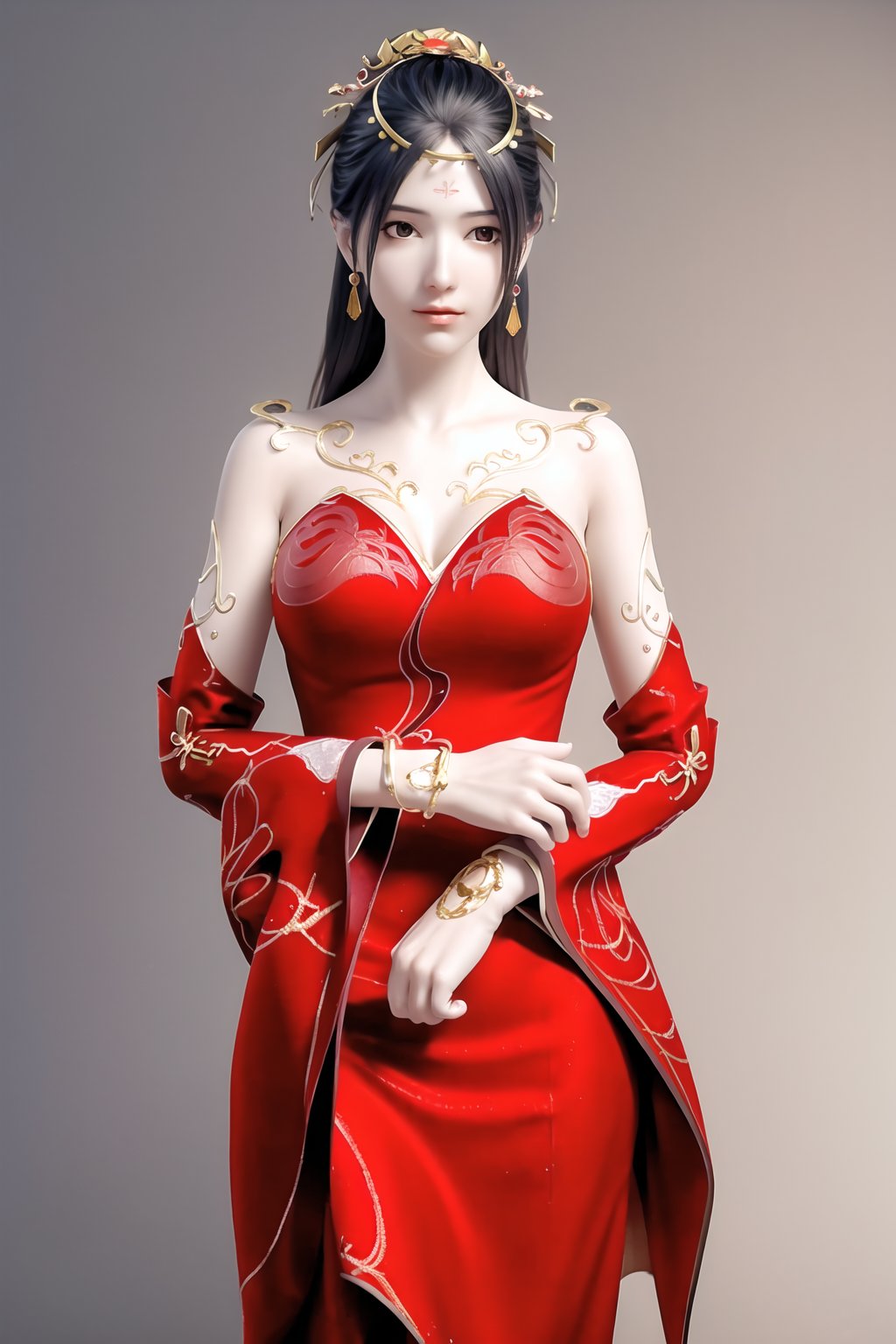 (8k, RAW photo, best quality, masterpiece:1.2),(realistic, photorealistic:1.3), ultra-detailed, extremely detailed cg 8k wallpaper,(crystalstexture skin:1.2), extremely delicate and beautiful,1girl, earrings, jewelry, solo, dress, black_hair, bare_shoulders, 3d,(full shot), (breasts, medium_breasts, cleavage), looking_at_viewer, standing, 