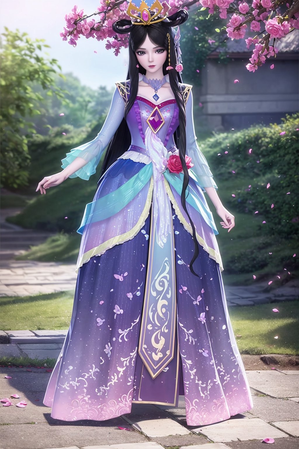 <lora:薇化罗丽-000008:0.7>,1girl,solo,(dress:1.2),jewelry,hair_ornament,full body,masterpiece,(best quality),official art,extremely detailed cg 8k wallpaper,((crystalstexture skin)),(extremely delicate and beautiful),highly detailed,petals,petals_on_liquid,cherry_blossoms,flower,rose_petals,day,looking_at_viewer,