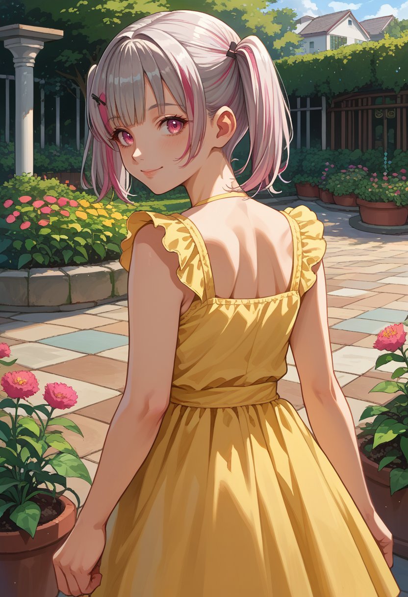 score_9, score_8_up, source_anime, 1girl, solo, AsumiSena, pink eyes, multicolored hair, grey hair, pink hair, short hair, twintails, hairclip, from behind, yellow sundress, garden, day, sunshine, smile, looking back, <lora:ChamAsumiSenaPonyXL:1>