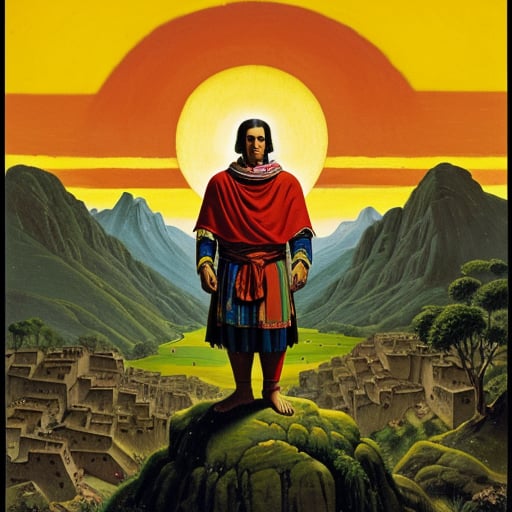 Painting of Topa Inca Yupanqui as if it were made by Caspar David Friedrich, emperor, commands respect, appearance of a superior man, bare head, covered hair, tunic with geometric figures, ((man))RED SUN